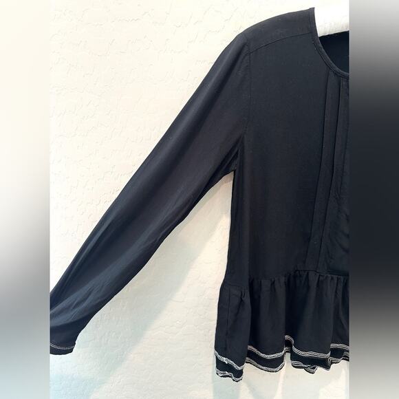 LOFT | Black Long Sleeve Peasant Top Boho Blouse Ruffle Hem Minimalist | XS - Picture 3 of 8